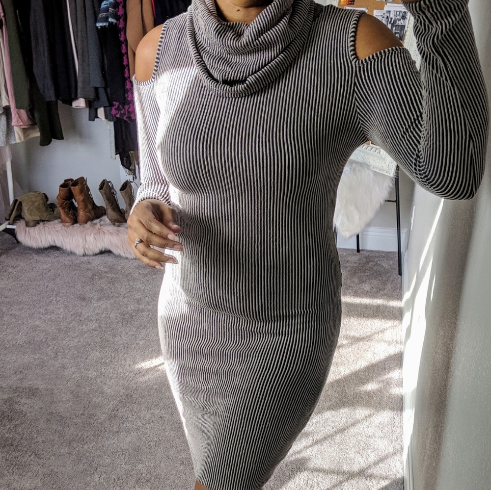 Cowl Neck Cold Shoulder Long Sleeve Dress